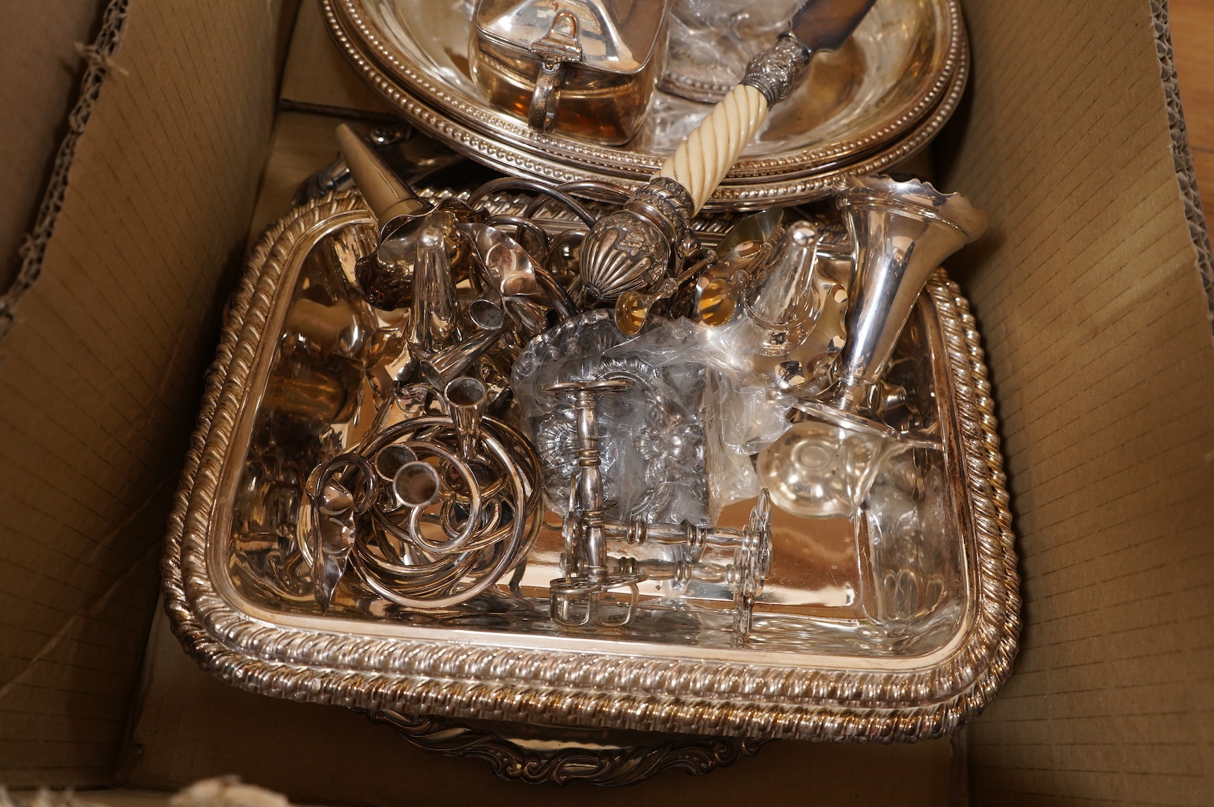 Assorted plated wares including pair of dwarf candlesticks, two pairs of entrée dishes, cased horn handled servers, set of flower holders, bread knife, mustard pot, salver, silver coins, two ceramic toby jugs, four pewte
